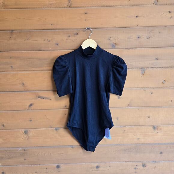 Mangopop Puff Ruched Sleeve Mock Neck Black Bodysuit NWT Small Top Blouse Shirt - Picture 2 of 5